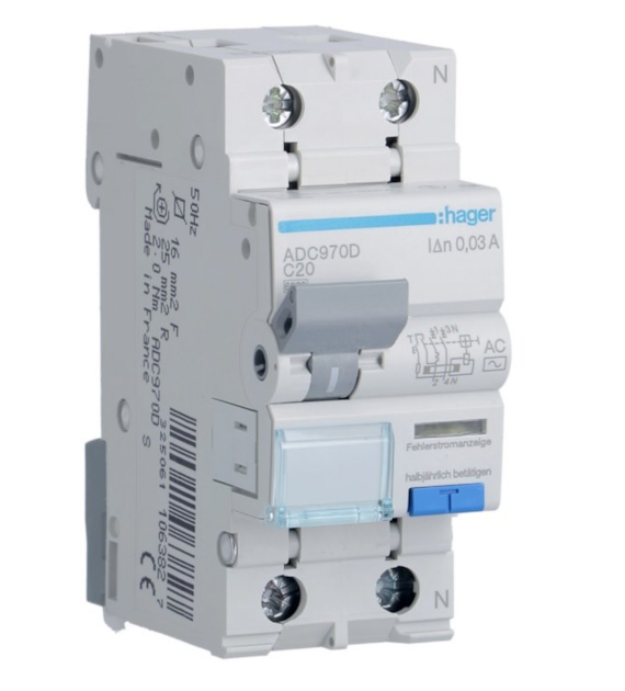 HAGER ADC970D wyłącznik komb. 2P C20A 30mA AC