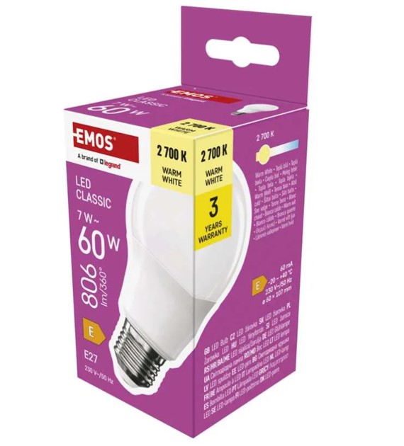 EMOS LED CLS A60 7W=60W E27 806lm WW