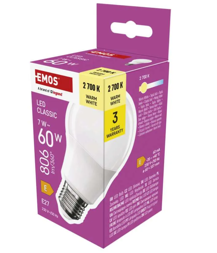 EMOS LED CLS A60 7W=60W E27 806lm WW